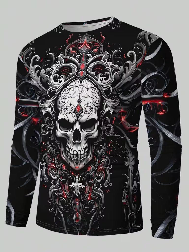 Mens 3D Flaming Skull Long Sleeve Shirt Crew Neck Graphic Tshirt Casual Streetwear Pullover Halloween Top Autumn Winter Unisex