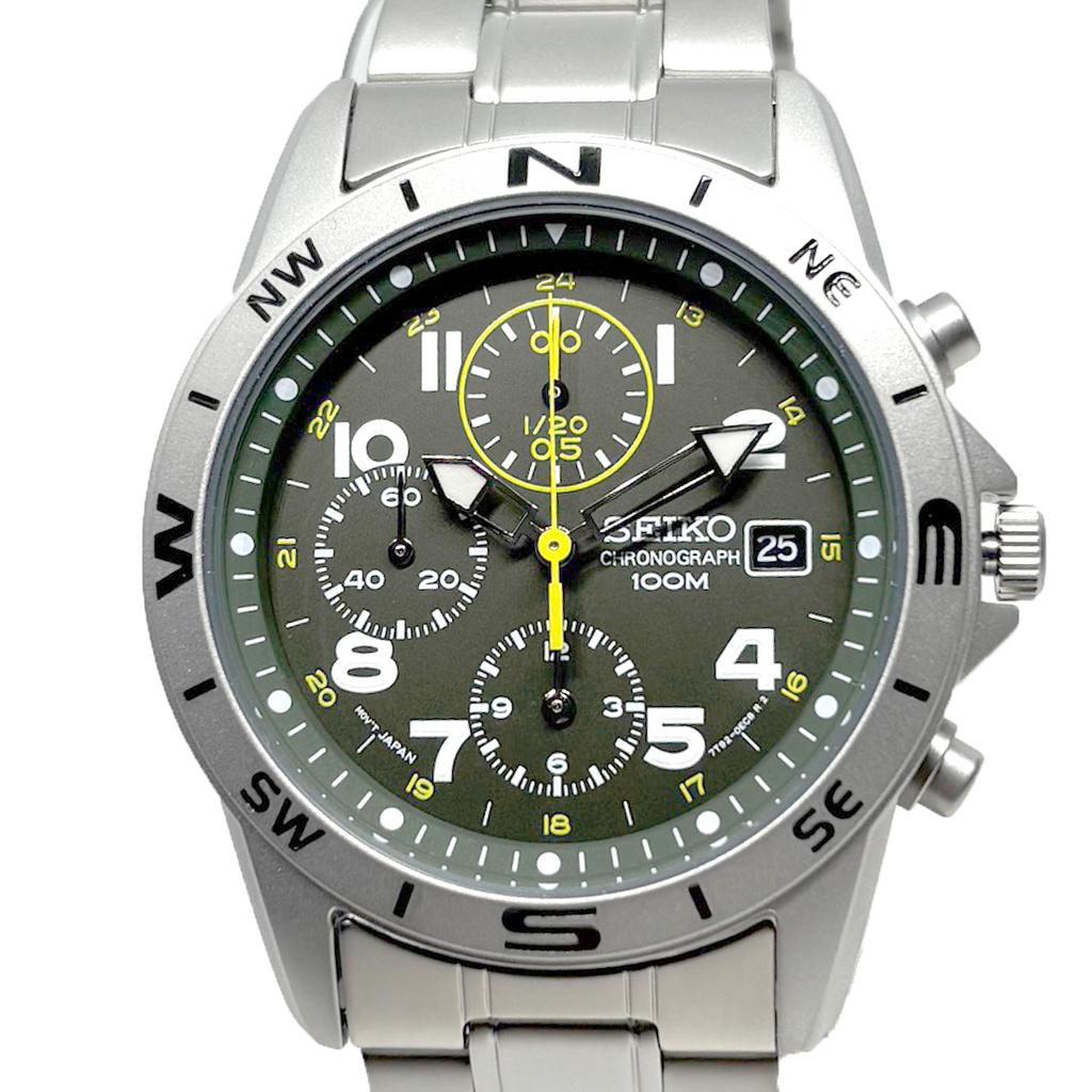 SEIKO Chronograph Japanese Khaki X Silver Matte Finish Metal SND377P1, Movement, Band, Men's Watch.