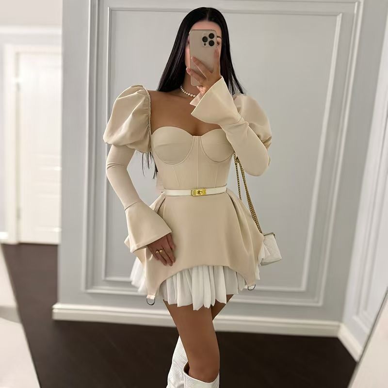 Western Style New Sexy off-Shoulder Puff sleeve Dress Irregular Bubble Sleeve Dres
