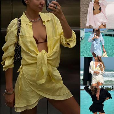 Costum de baie cu fustă scurtă și protecție solară pentru plajă, vară, plajă, cămașă din bumbac și in, bluză, cămașă + costum de baie scurt