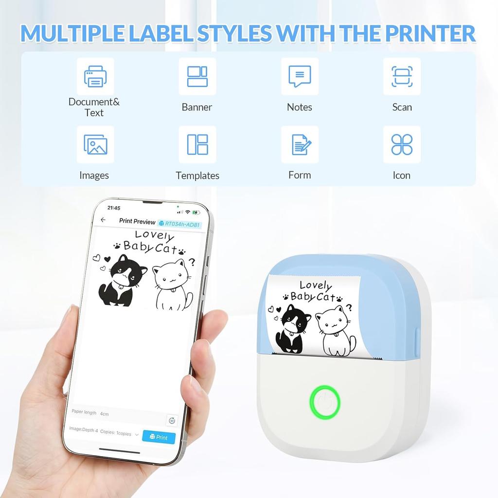 Mafiti Mini Sticker Printer Portable Thermal Inkless Wireless Bluetooth Phone Printer with AI Drawing,for Study Notes Pictures Photos Scrapbook