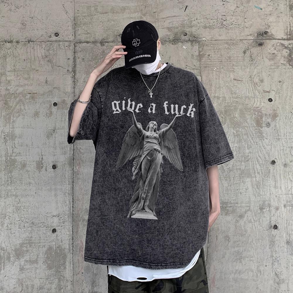 100 % Baumwolle, säuregewaschen, Vintage-Kurzarm-T-Shirt, Frontdruck, Streetwear, HipHop, Harajuku, übergroße T-Shirts