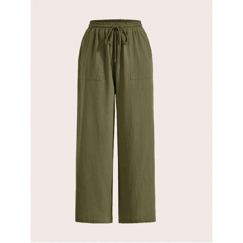 Western Women's Casual Solid Color Drawstring Straight Leg Slight Flare Pocket Casual Pants