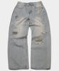 PLACESTUDIOMAN Vintage Washed Damage Patch Detail Wide Denim Pants [Medium Blue]