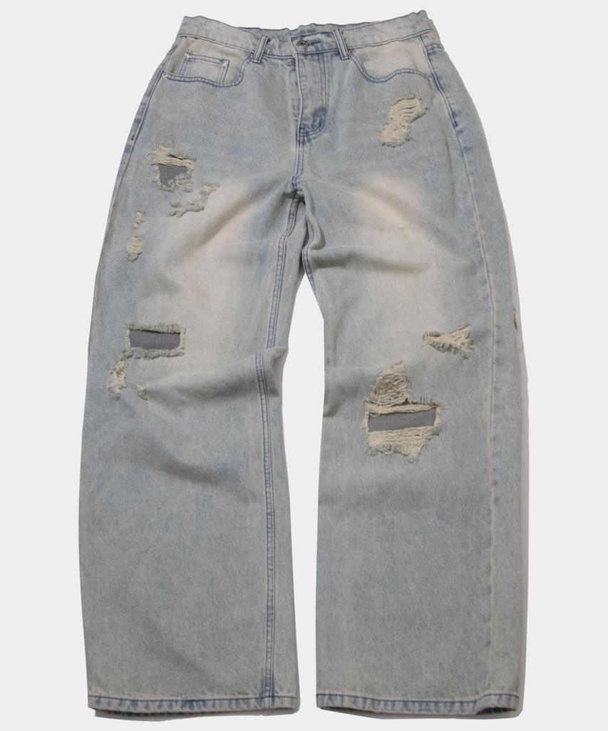 PLACESTUDIOMAN Vintage Washed Damage Patch Detail Wide Denim Pants [Medium Blue]