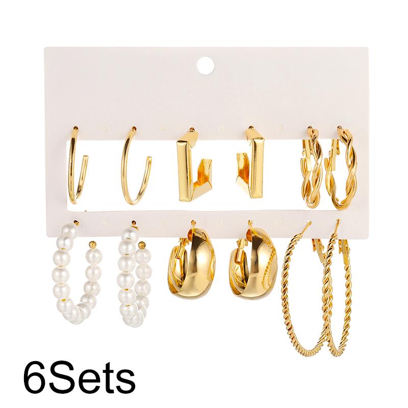 

6 шт./компл. Модные серьги-кольца из сплава золотистого цвета, трендовые, с искусственным жемчугом, геометрические, металлические, золотые, геометрические женские серьги