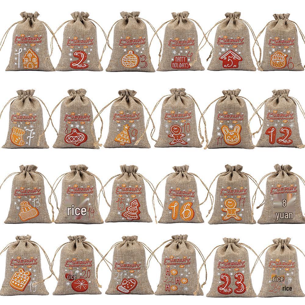 Christmas Advent Countdown Burlap Drawstring Gift Bag Set