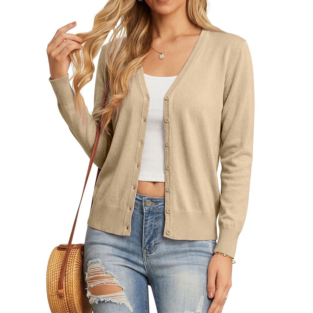 Womens Lightweight Knit Cardigan Long Sleeve V Neck Button Front Sweater Open Front Layering Top
