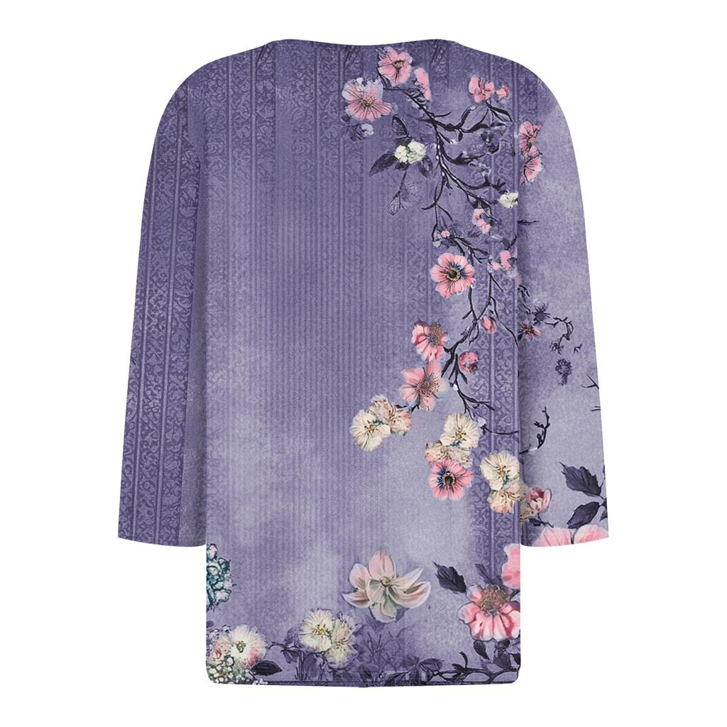 Damen V-Ausschnitt Freizeit Dreiviertelarm Knopf-Detail Top mit Blumenmuster