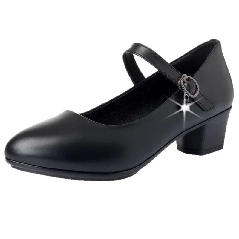 Women's Medium Heel Pumps - Soft Leather Non-Slip with Adjustable Buckle, Comfortable for Daily & Casual Wear