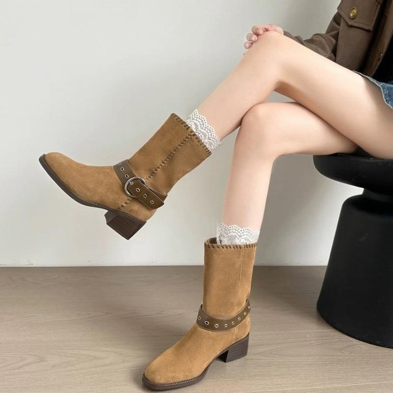 Block Heel Single Boots Women's Fashion Square Toe Suede Metal Buckle Car Stitch Anti-slip Wear-resistant Mid-tube Boots