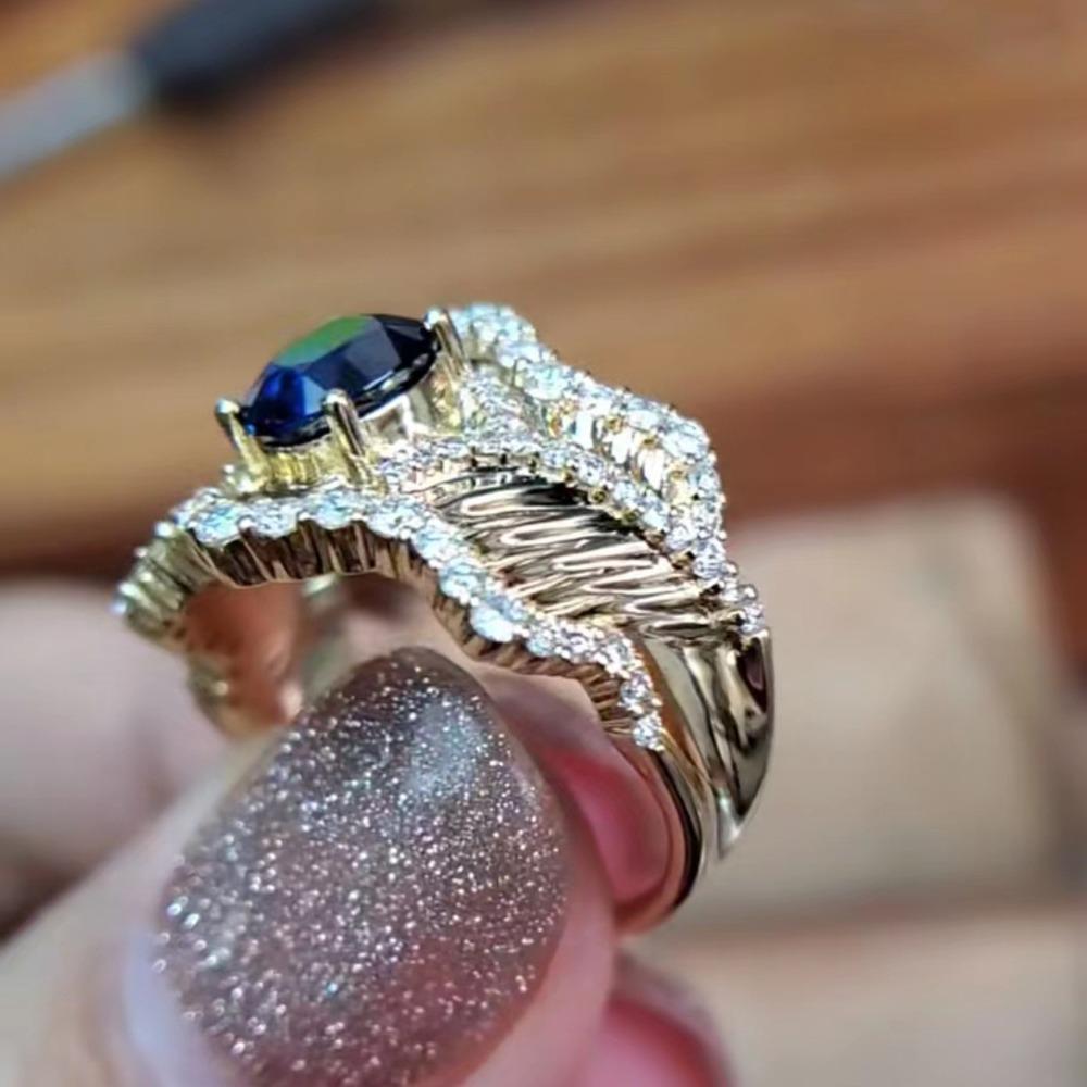 Elegant Royal Blue Sapphire Ring Women Italian Artisan Craft Maupassant Ocean Waves