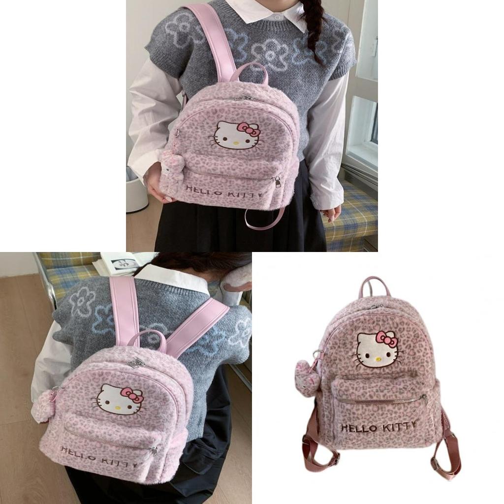 Cute Cartoon Hello Kitty Cat Backpack With Leopard Print Pu Material For Daily Use And Storage