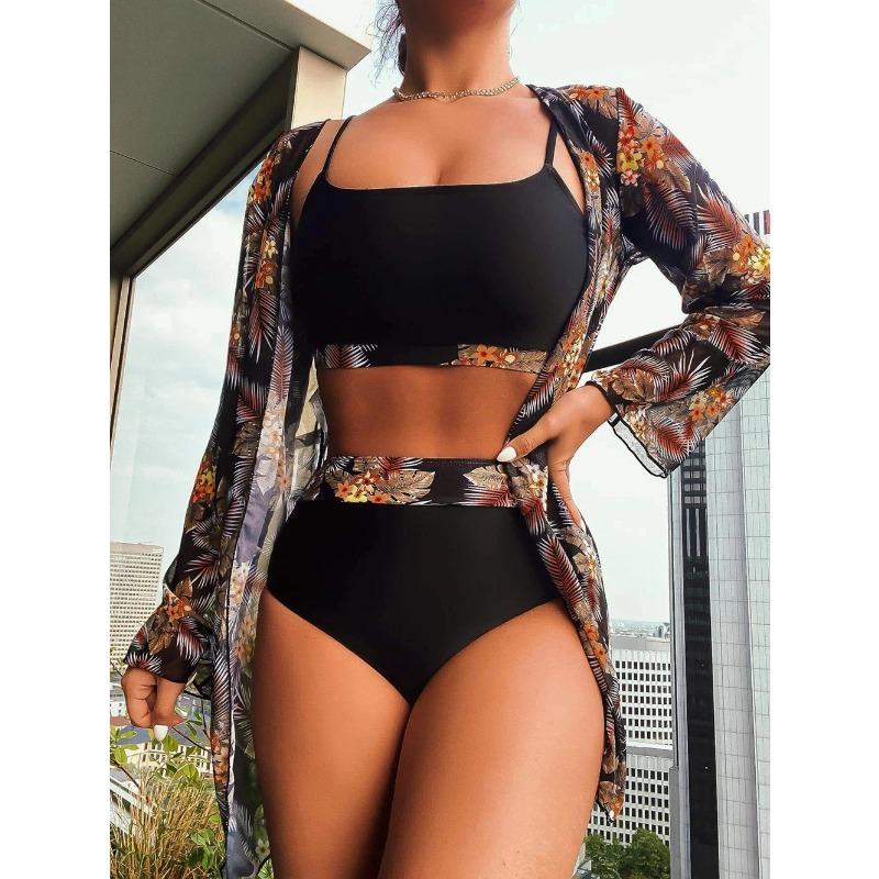 Women Bikini 3 Pieces Suit Black/Green/Red Bikini Sets with Long Sleeved Cover Ups High Quality Size Small-XXLarge