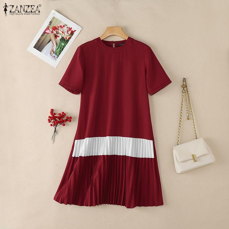 ZANZEA Women Casual Round Neck Short Sleeve Pleated Hem Summer Dress