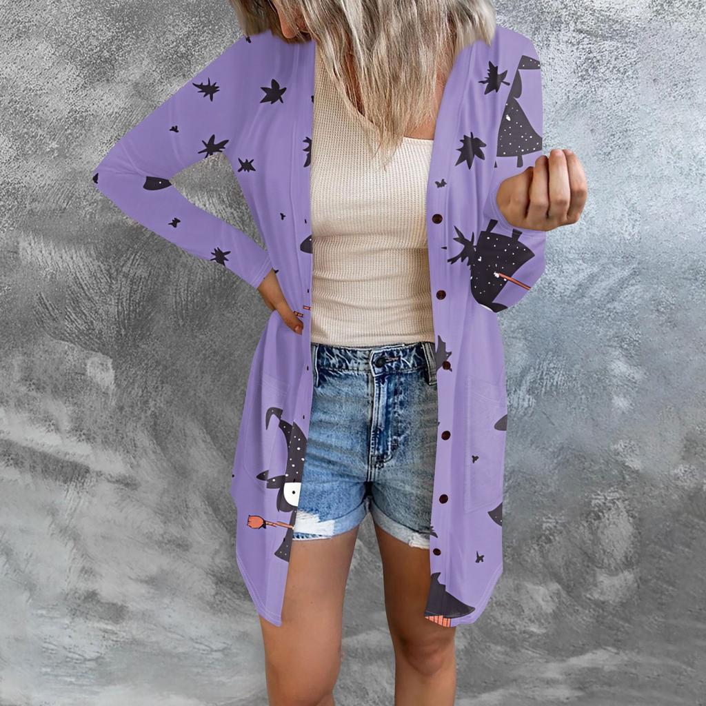 Women's Casual Cardigan Halloween Printed Long Sleeve Top With Pockets