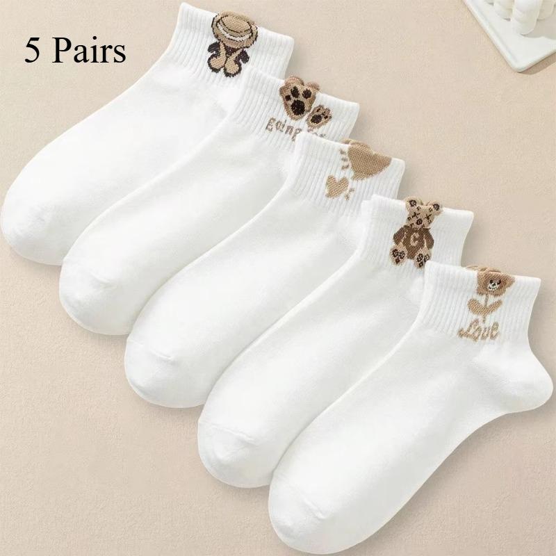 5/10/20 Pairs Women Cartoon Teddy Bear Patterned Ankle Socks Versatile Fashionable Creative Breathable Comfortable Casual Socks One Size