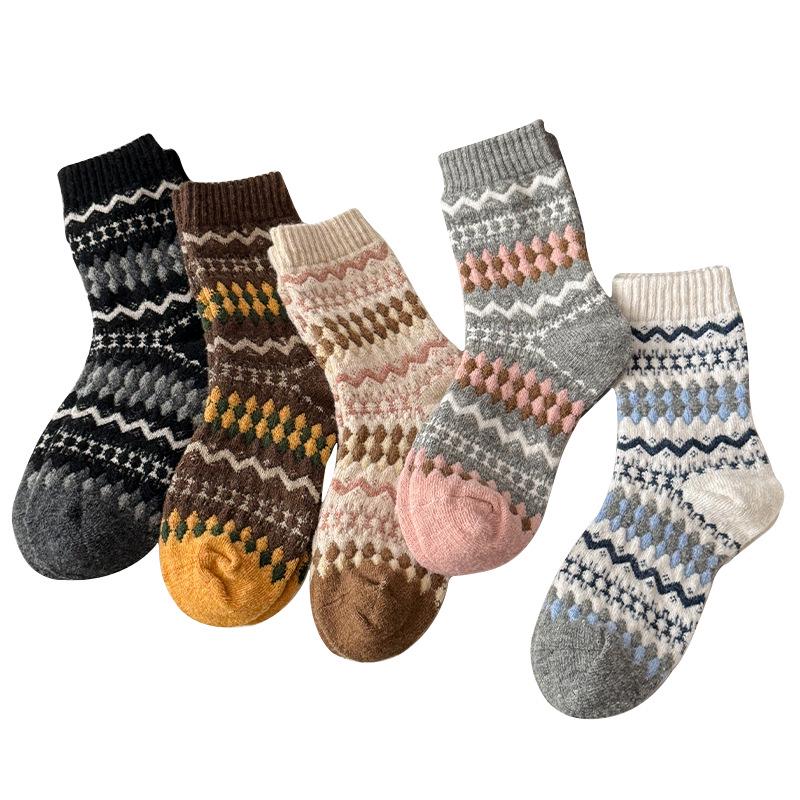 Damen Vintage Fair Isle Wollsocken, Verdickt Warm Wadenlang, Herbst Winter, Kaffeefarben, Kniehoch.