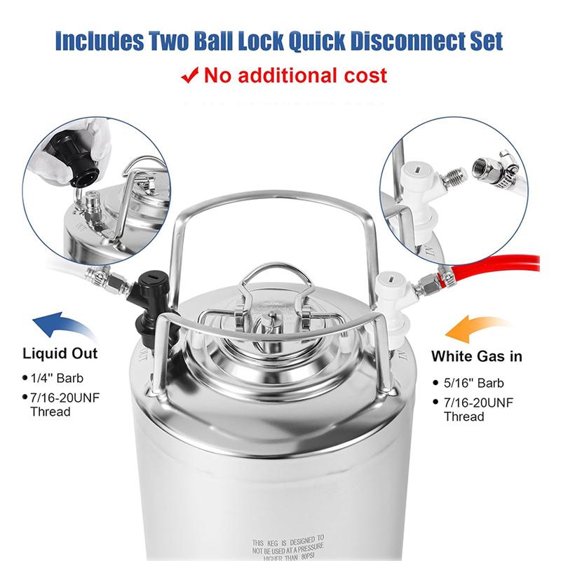 6L(1.6 Gallon) Cornelius Keg,304 Stainless Steel Draft Beer Keg with Ball Lock Disconnect,Homebrew Keg Dispensering Set For Paty