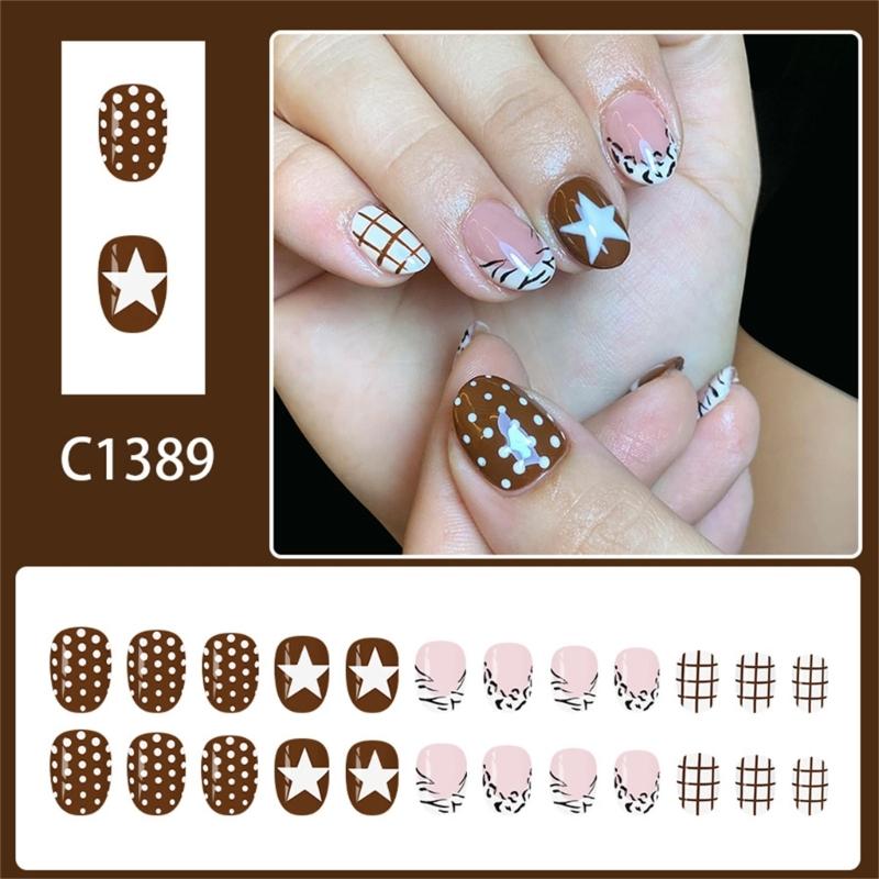 Pack Of 24 French Leopard Print Plaids Star Press On Nail Coffee Brown Polkas Dot Reusable False Nail ABS Material NoGlue Needed