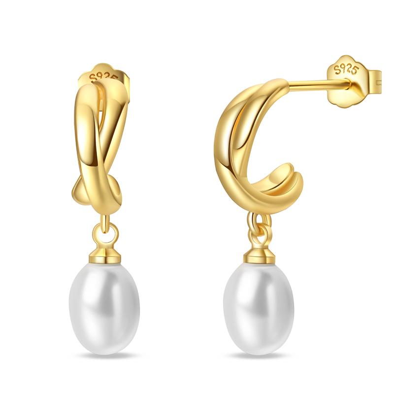 Women's 925 Silver Classic Gold Pearl Inlaid Earrings Elegant Suitable For Engagement Wedding Party Exquisite Jewelry