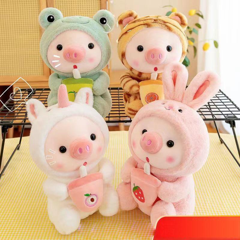 25cm Kawaii Blasen-Schwein Plüschtier Stofftier Hase Frosch Tiger Weiches Kissen Tasse Milchtee Boba Plüschtiere Puppe Kinder Geburtstagsgeschenke