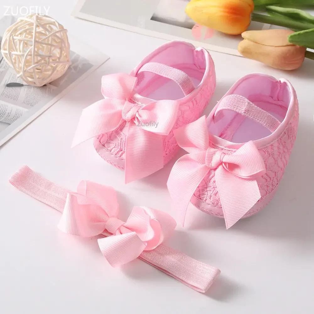 Spring Infant Baby Girl Shoes Newborn Lace Flowers Headband Anti-Slip Soft Sole First Walkers Toddler Kids Cotton Baptism Shoes