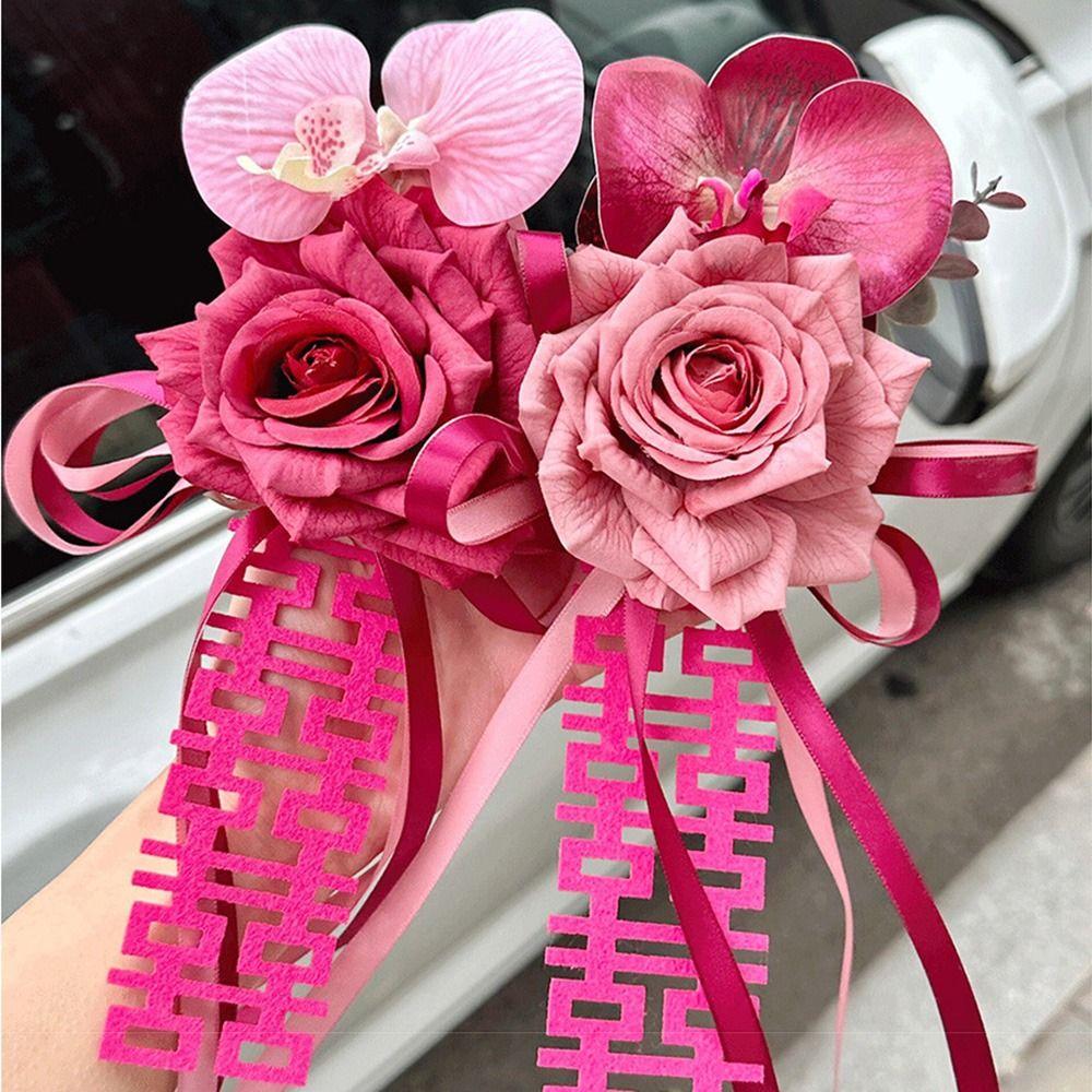2Pcs Bowknot Ribbon Wedding Car Flower Suction Cup Wedding Decoration  Car Handle