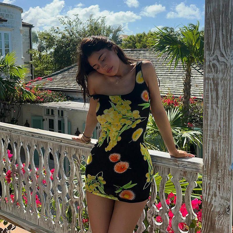 

Dress Fashion Style Dignified Generous Style Women s Clothing Golden Girl Same Style Plant Florals Print Dress U Collar Short Skirt Black L