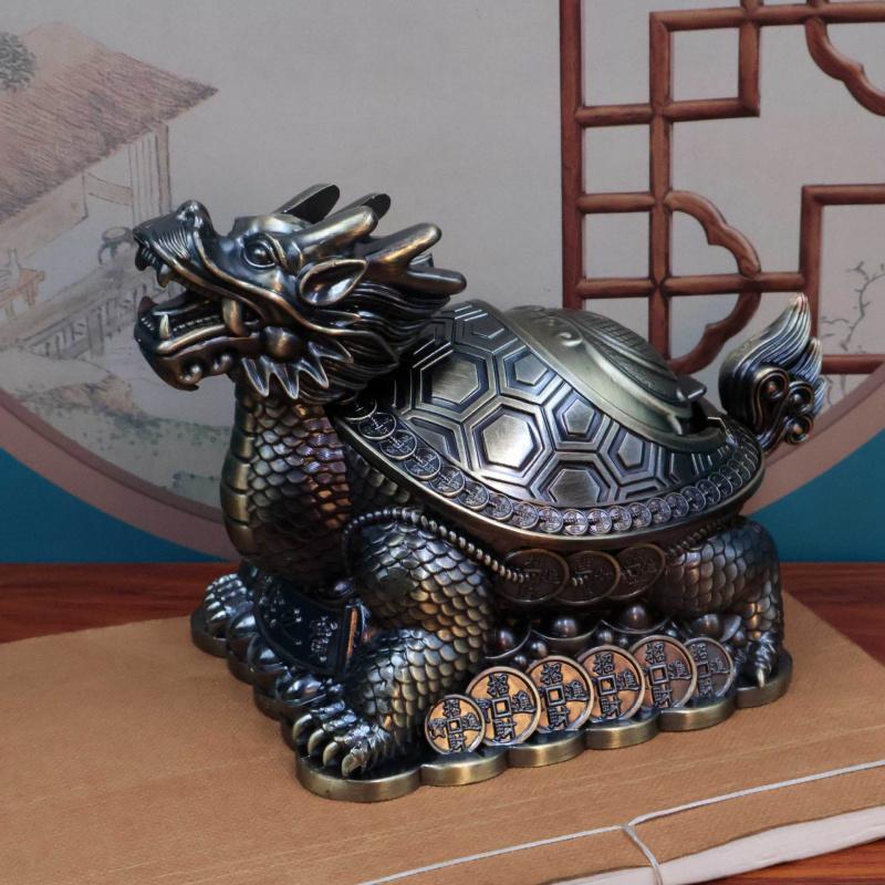 Vintage Creative Personality Auspicious Metal -drop Dragon Turtle Windproof with Lid Anti-flying Ash Large Ashtray