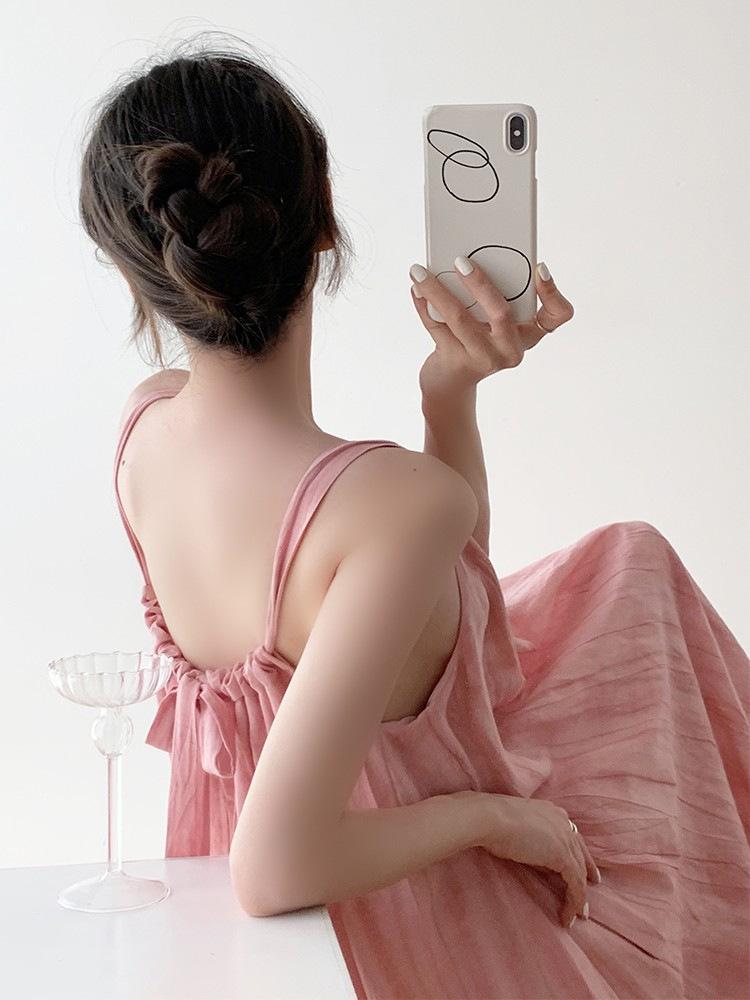 Dopamine pink smudge dress women's summer show thin temperament big swing skirt sleeveless beach long skirt vacation suspender skirt