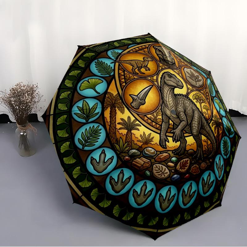 Dinosaur Glass Art Pattern Umbrella, Portable and Foldable Design, 8 Ribs, a Casual Accessory for Halloween, Christmas, and Birthday Gifts.
