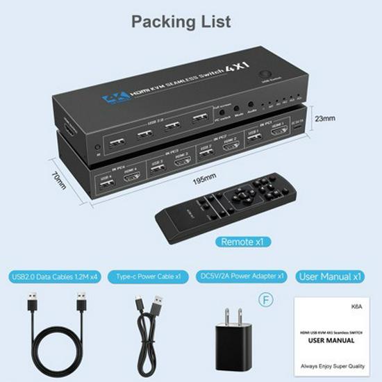 

KVM HDMI USB 2.0 4-in-1 Splitter, 4K@30Hz Support, Mouse Passthrough