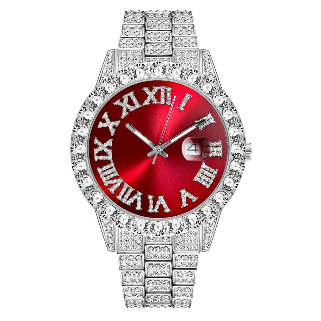 Stainless Steel Quartz Watch with Roman Numerals and Rhinestones