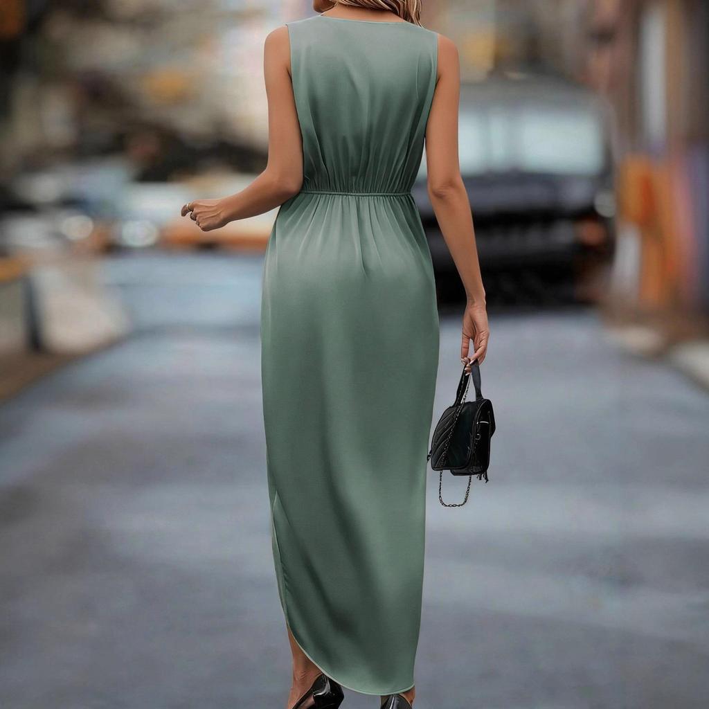 Elegant V-neck Sleeveless Slit Irregular Long Dress for Spring/Summer