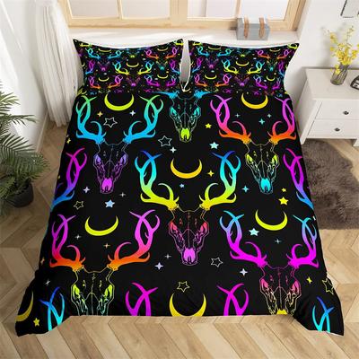 Gothic Deer Skull Duvet Cover Farm Animal Bedding Set Polyester Moon Star Comforter Cover Queen For Boys Girls Teens Room Decor