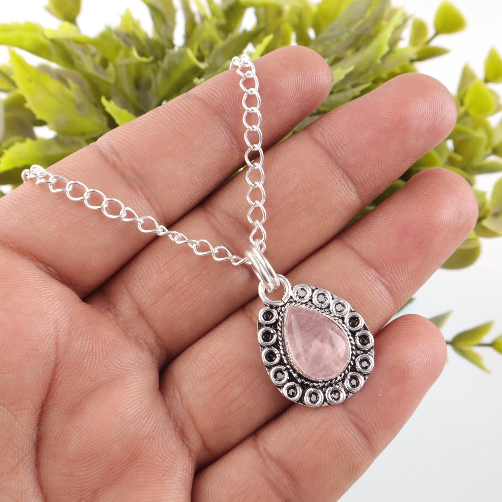 

Pear Rose Quartz Stone 925 Silver Sisters Gift Ethnic Elegant Wedding Pendant PP-26-22