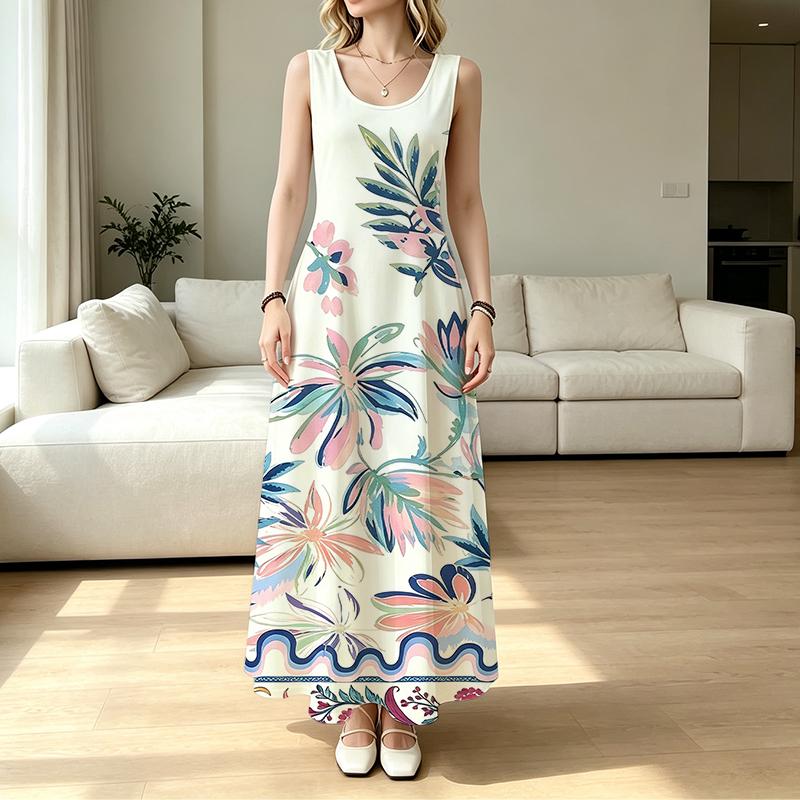Sleeveless Fresh Floral A-Line Maxi Dress Soft Flowy Fabric,Elegant for Daily Casual & Vacation