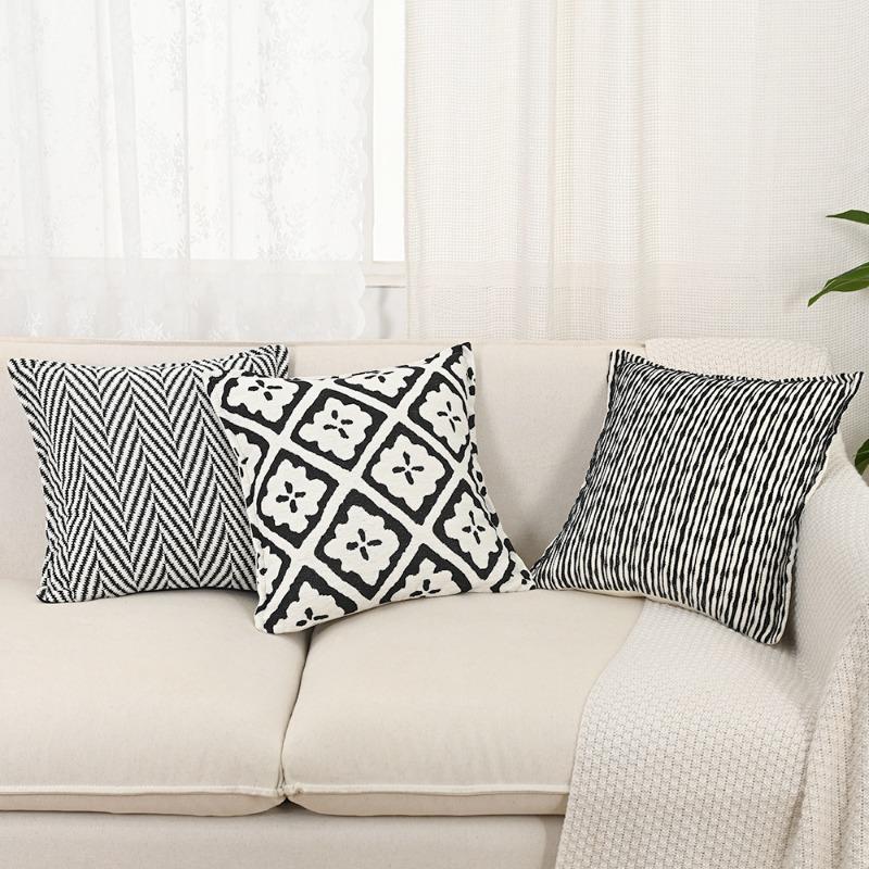 Luxury Black White Chenille Jacquard Pillowcase Vintage Farmhouse Cushion Cover Premium Ins Style Sofa Decor