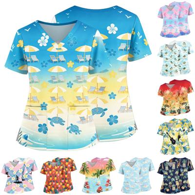 Women's V Neck Medical Scrub Top Hawaiian Print Short Sleeve Side Slit Pockets Nurse Uniform Shirt Lightweight Breathable Fabric