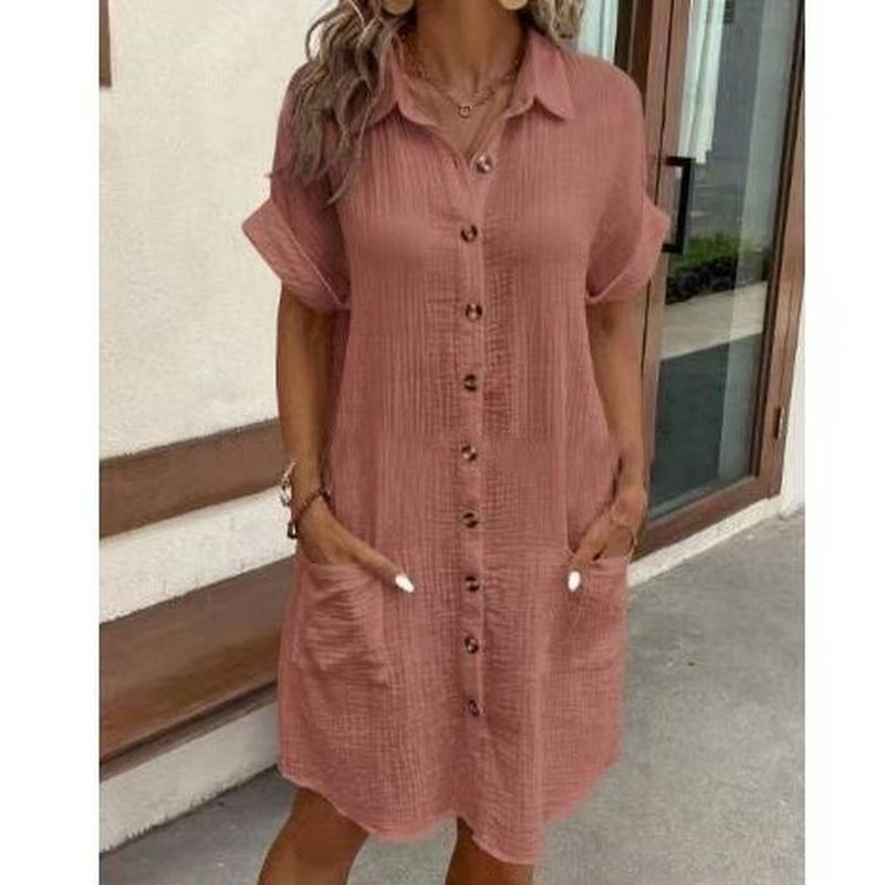 Women's Summer Cotton Shirt Dress Short Sleeves Button Down Knee Length Dresses Casual Loose Mini Dress with Pockets