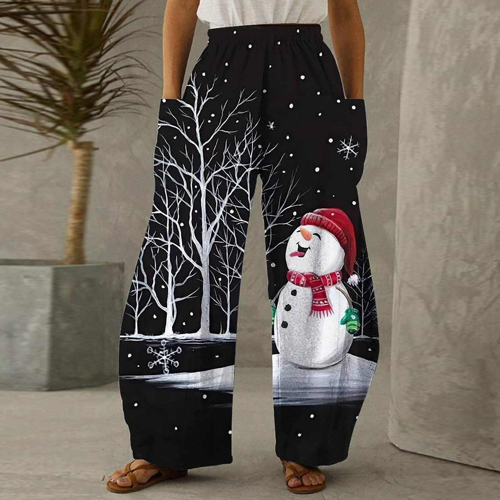 

Women Fashion Christmas Snowmen Print Casual Loose Pants Plus Size Loose Pants XXL білий