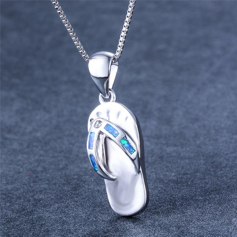 Cute Dainty Small Women Flip Flop Pendant Necklace Blue Fire Opal Stone Pendant Necklaces Bride Jewelry  Sterling Color NecklaceCute