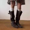 Travel Boots~ Retro Square Head Belt Buckle Suede Thick Heel Pile Boots Women'S Skinny But Knee Long Knight Boots