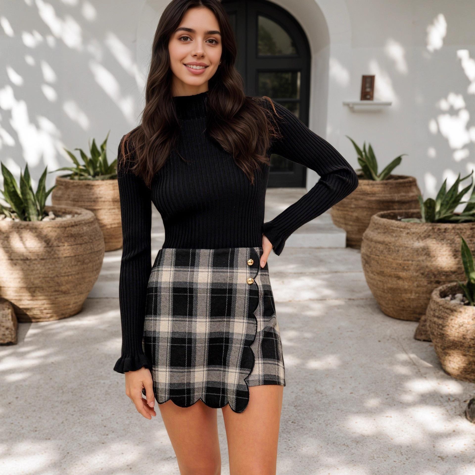 European and American fashion personalized black and white plaid shorts retro embroidered edge with metal buckle versatile short trouser skirt european and american code s