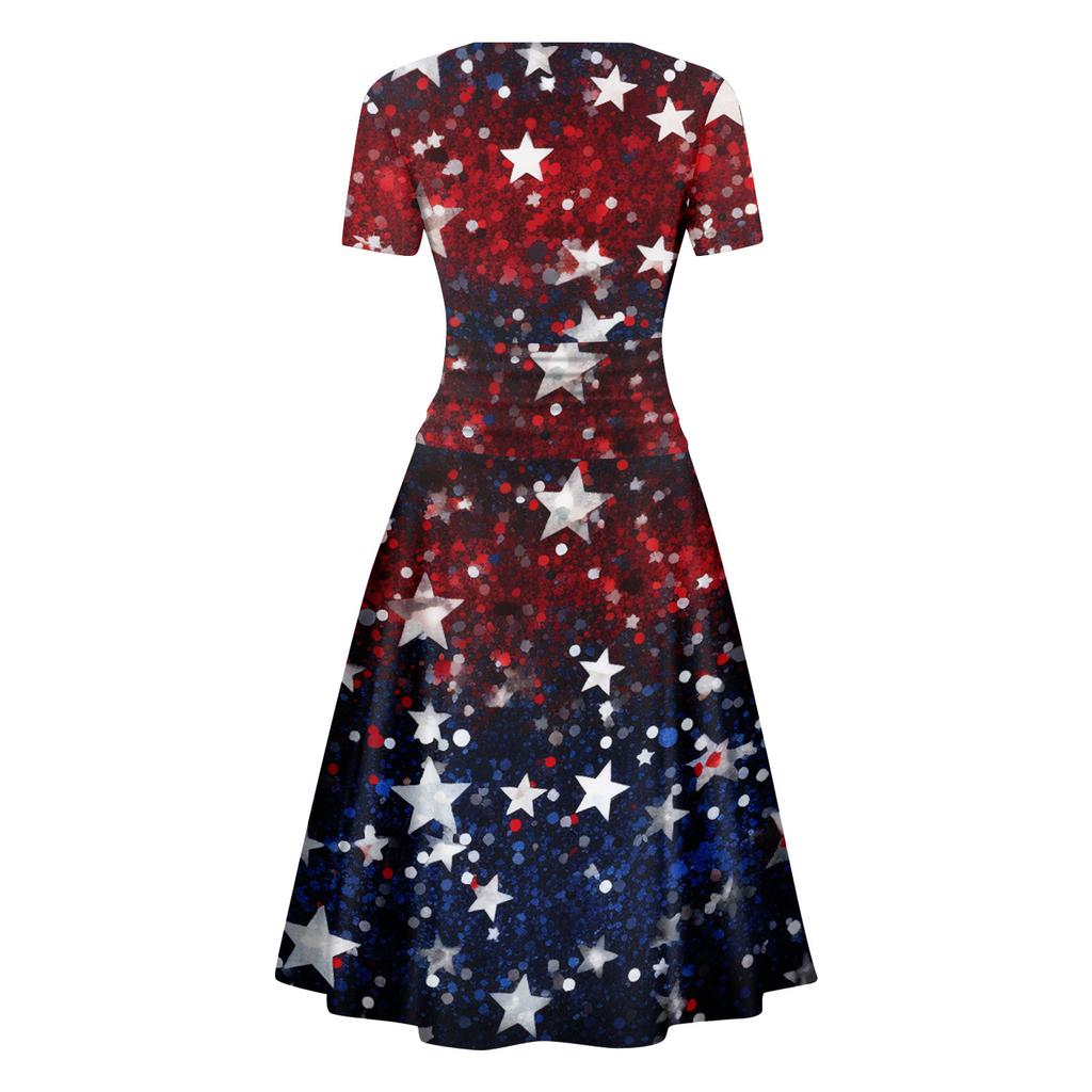 Damenmode Lässiges Independence Day Bedrucktes Kurzarmkleid Elegantes Maxikleid