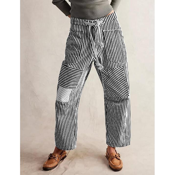 Women s mid-waist fashion casual loose wide-leg striped patchwork drawstring pocket pants S