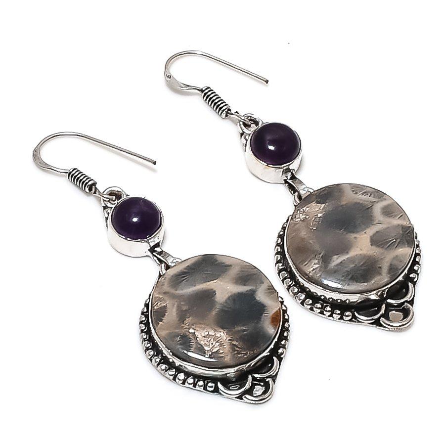 

Natural Fossil Coral, Amethyst 925 Sterling Silver Jewelry Earring 2.44 L7m73