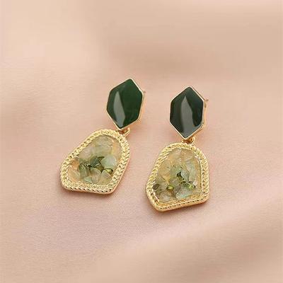 Avocado Green Gemstone Earrings Y2K Retro Palace Style Irregular Geometric Drop Earrings Art Deco Dangle Ear Studs