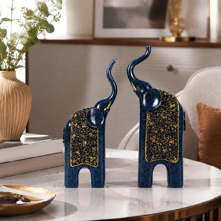 Decorative Elephant Figures, Two-Piece Sculptural Pair with Ornate Lifted-Nose Design for Office and Living Room Styling